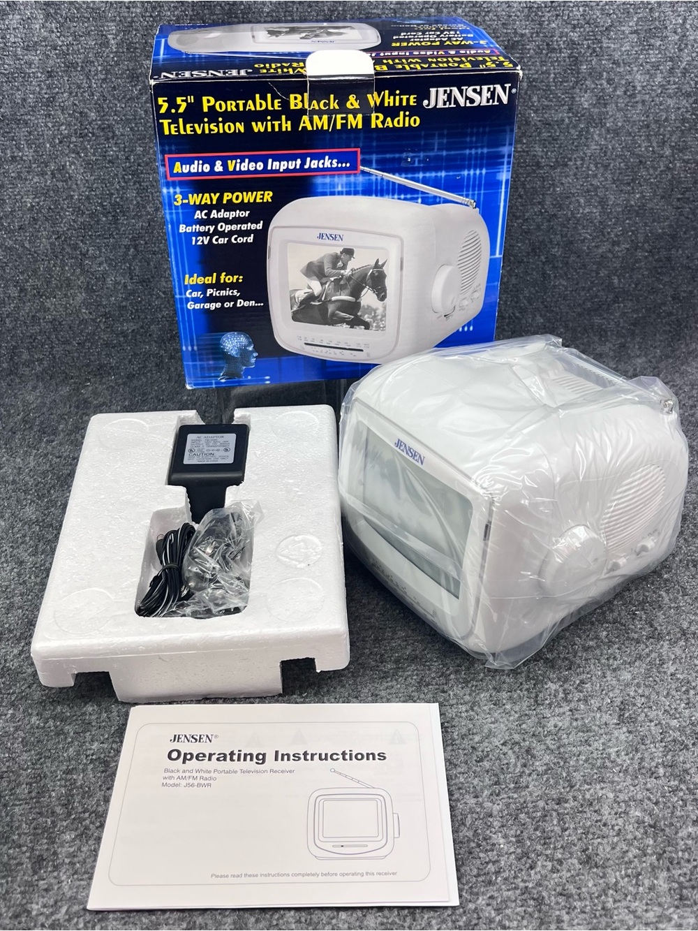 Vtg Jensen 5.5" J56-BWR Portable B&W TV AM/FM Radio White Car/Camping 2002 New
